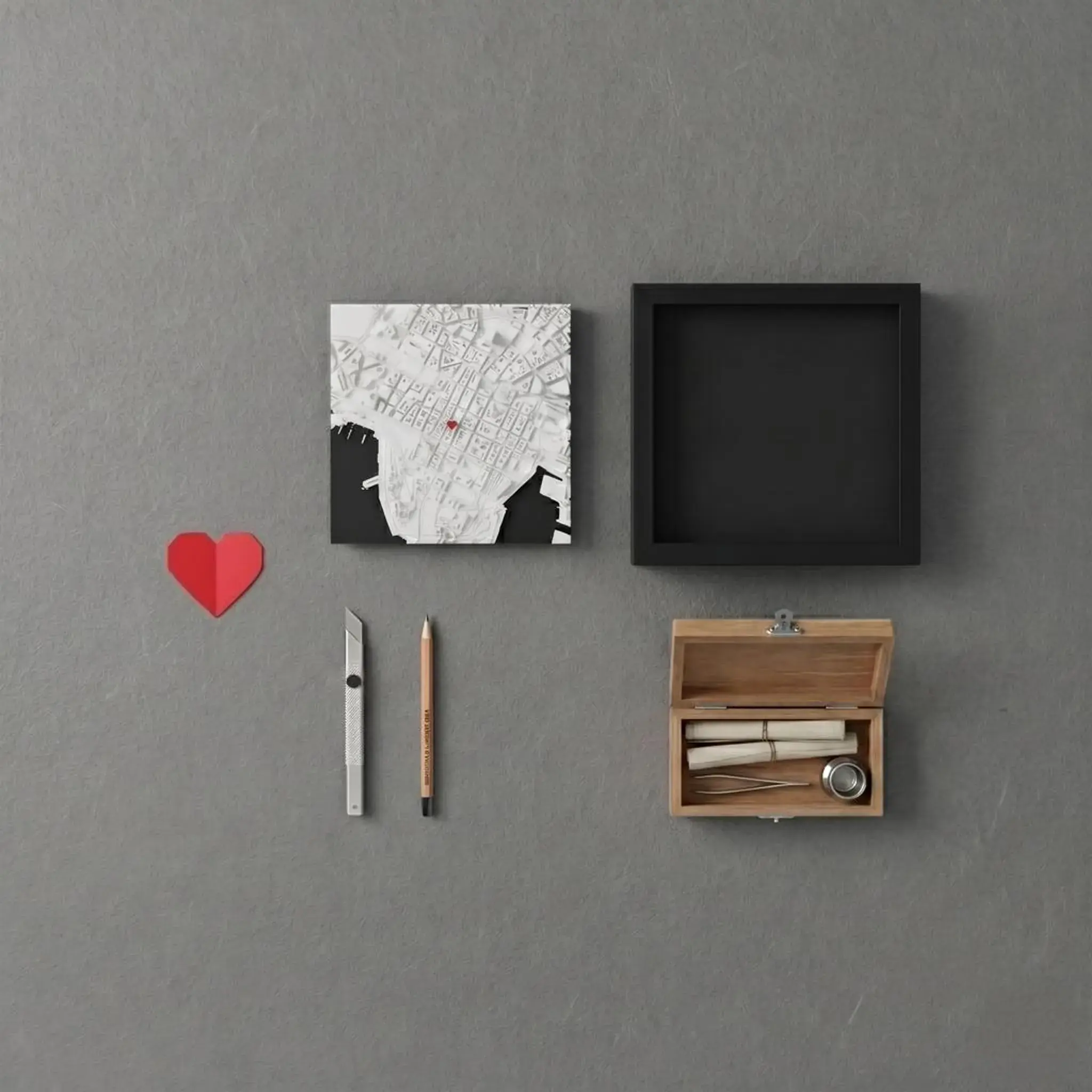 Primul tablou Urban Frames cu relieful Oslo, lângă o ramă neagră tip shadow box și unelte de lucru, pe un perete gri
